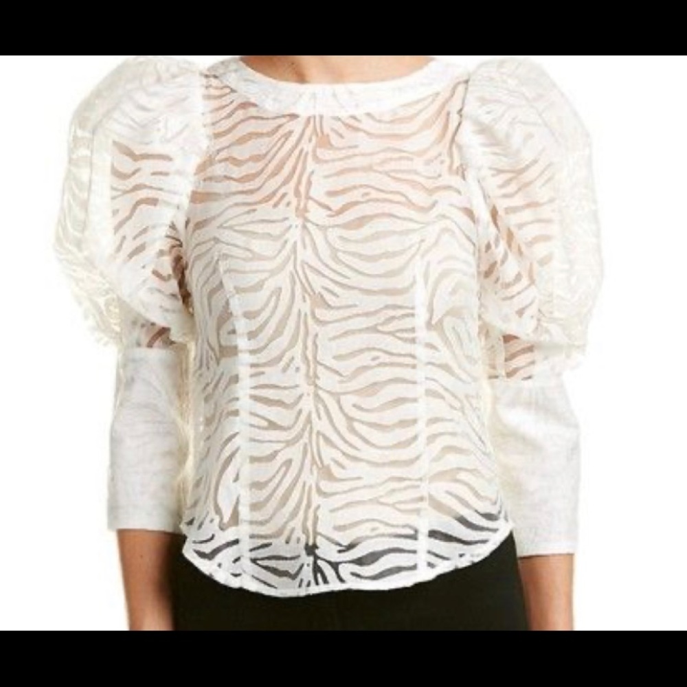 Gracia Sheer Zebra Print Blouse Puff Sleeves NEW